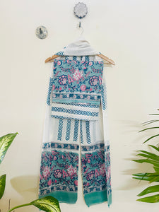 TEAL CHINTZ HAND-BLOCK PRINTED UNSTITCHED COTTON SUIT-SET
