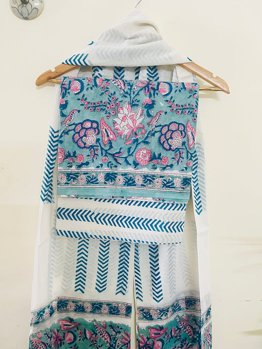 TEAL CHINTZ HAND-BLOCK PRINTED UNSTITCHED COTTON SUIT-SET