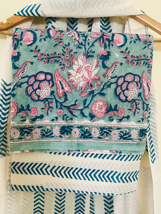 TEAL CHINTZ HAND-BLOCK PRINTED UNSTITCHED COTTON SUIT-SET