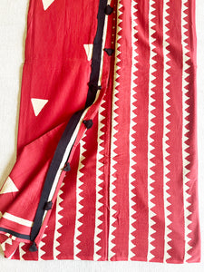 "THE LOVE TRIANGLE" RED MULMUL HAND-BLOCK PRINTED SAREE