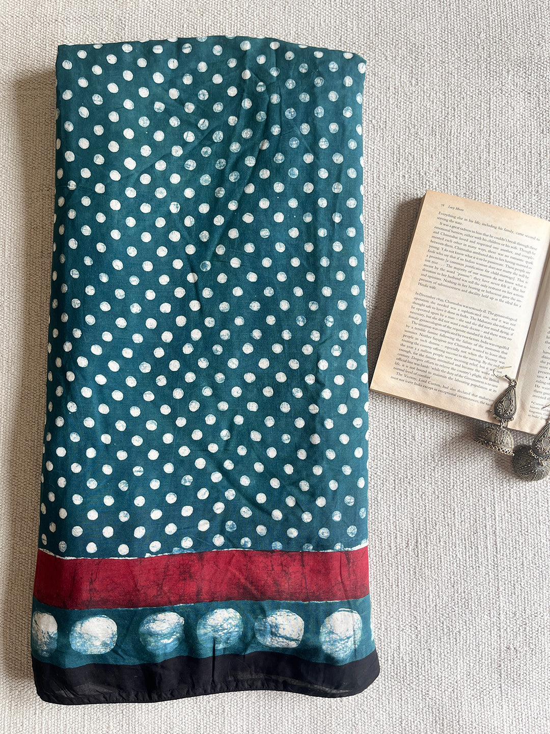 POLKAS BLOCK PRINTED MODAL SAREE WITH BLOUSE - BOTTLE GREEN