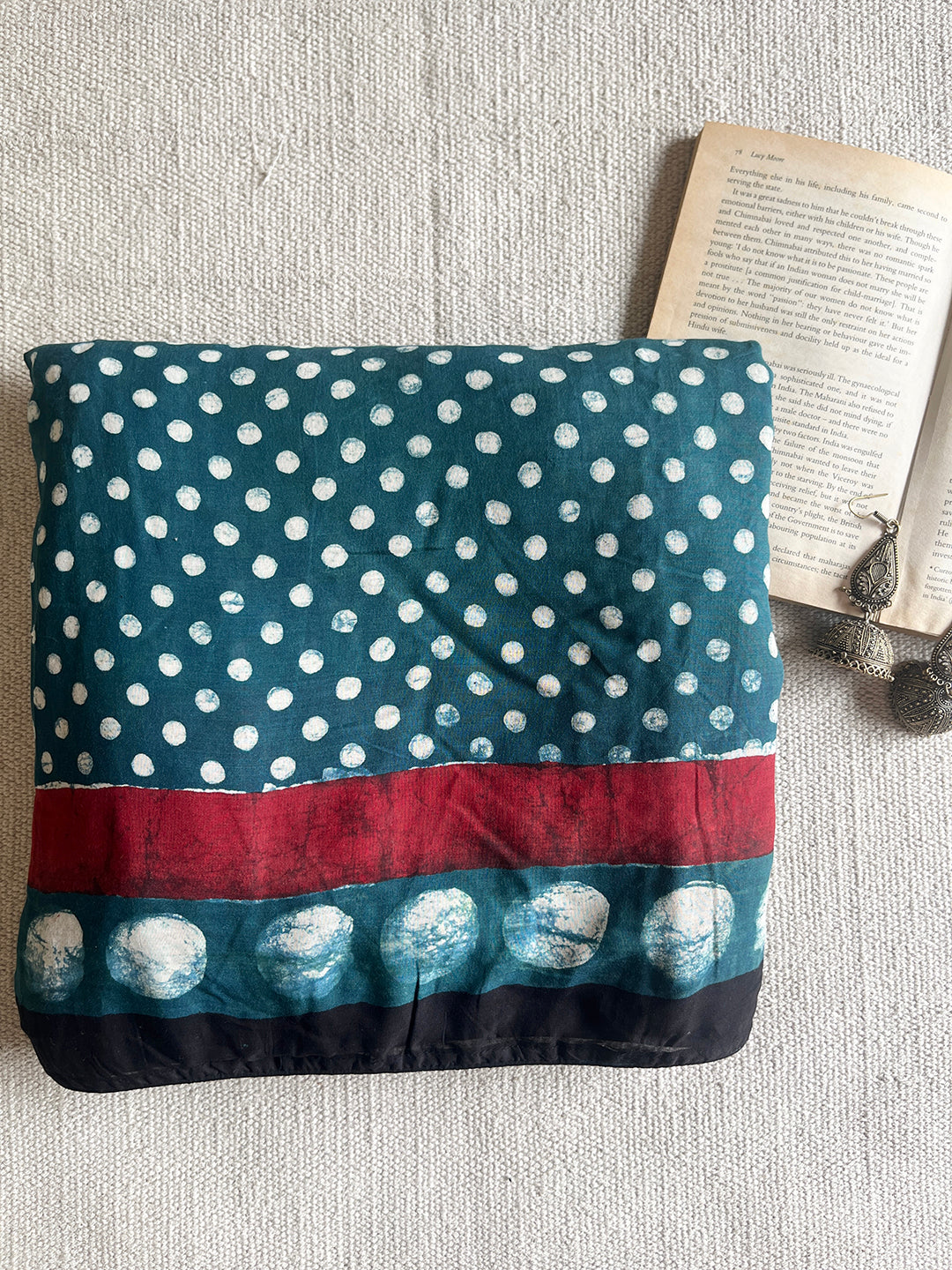 POLKAS BLOCK PRINTED MODAL SAREE WITH BLOUSE - BOTTLE GREEN