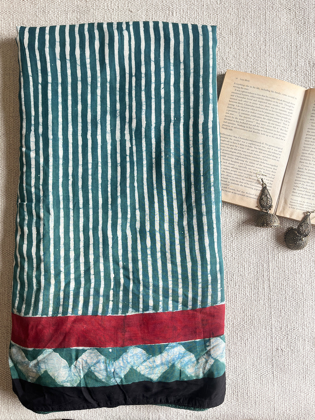 STRIPES BLOCK PRINTED MODAL SAREE WITH BLOUSE - BOTTLE GREEN