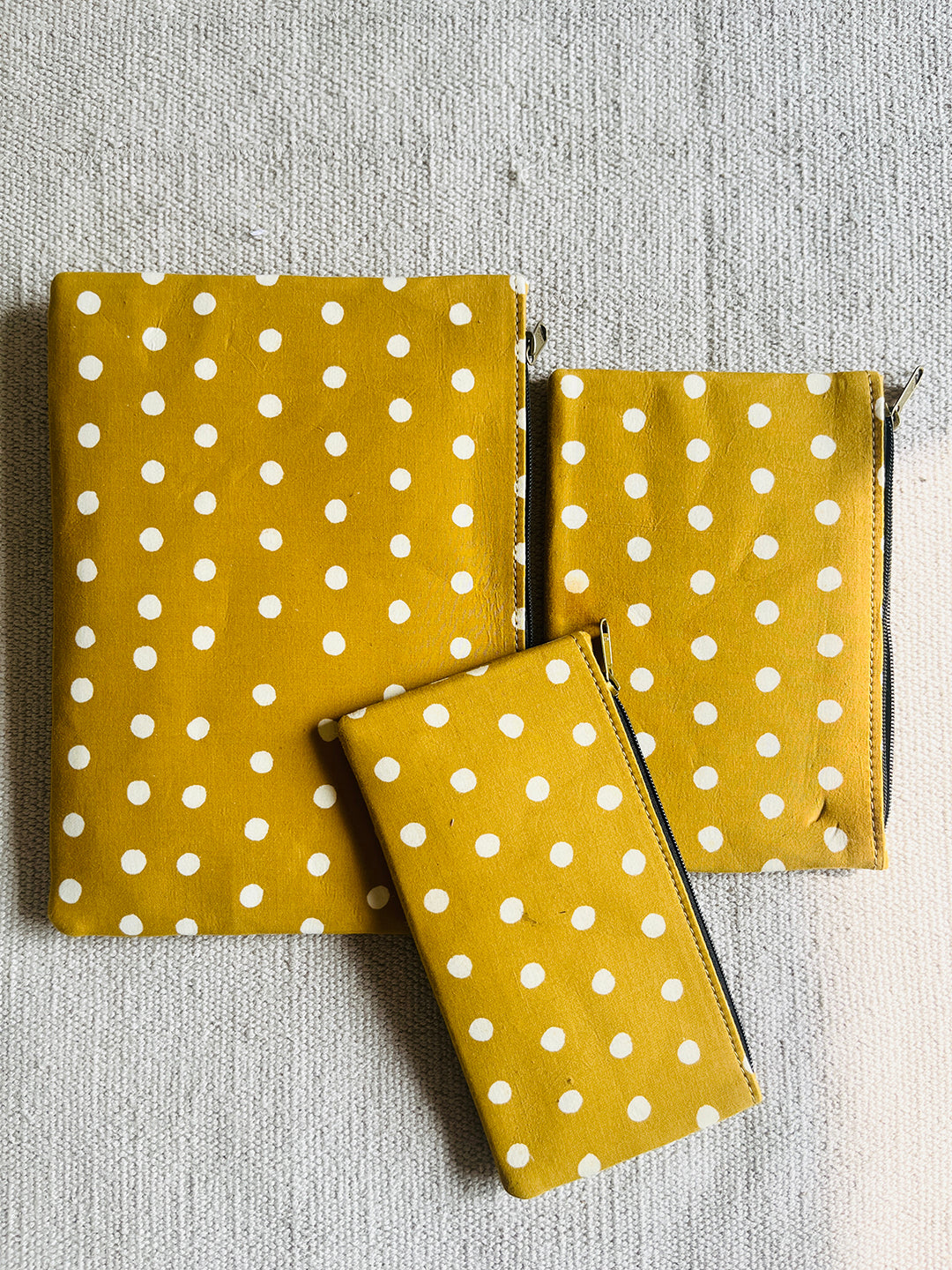 "CARRY YOUR ESSENTIALS" POUCH BLOCK PRINTED POLKAS (SET OF 3)- MUSTARD