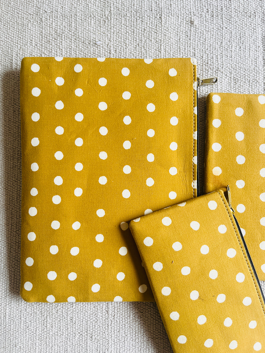 "CARRY YOUR ESSENTIALS" POUCH BLOCK PRINTED POLKAS (SET OF 3)- MUSTARD