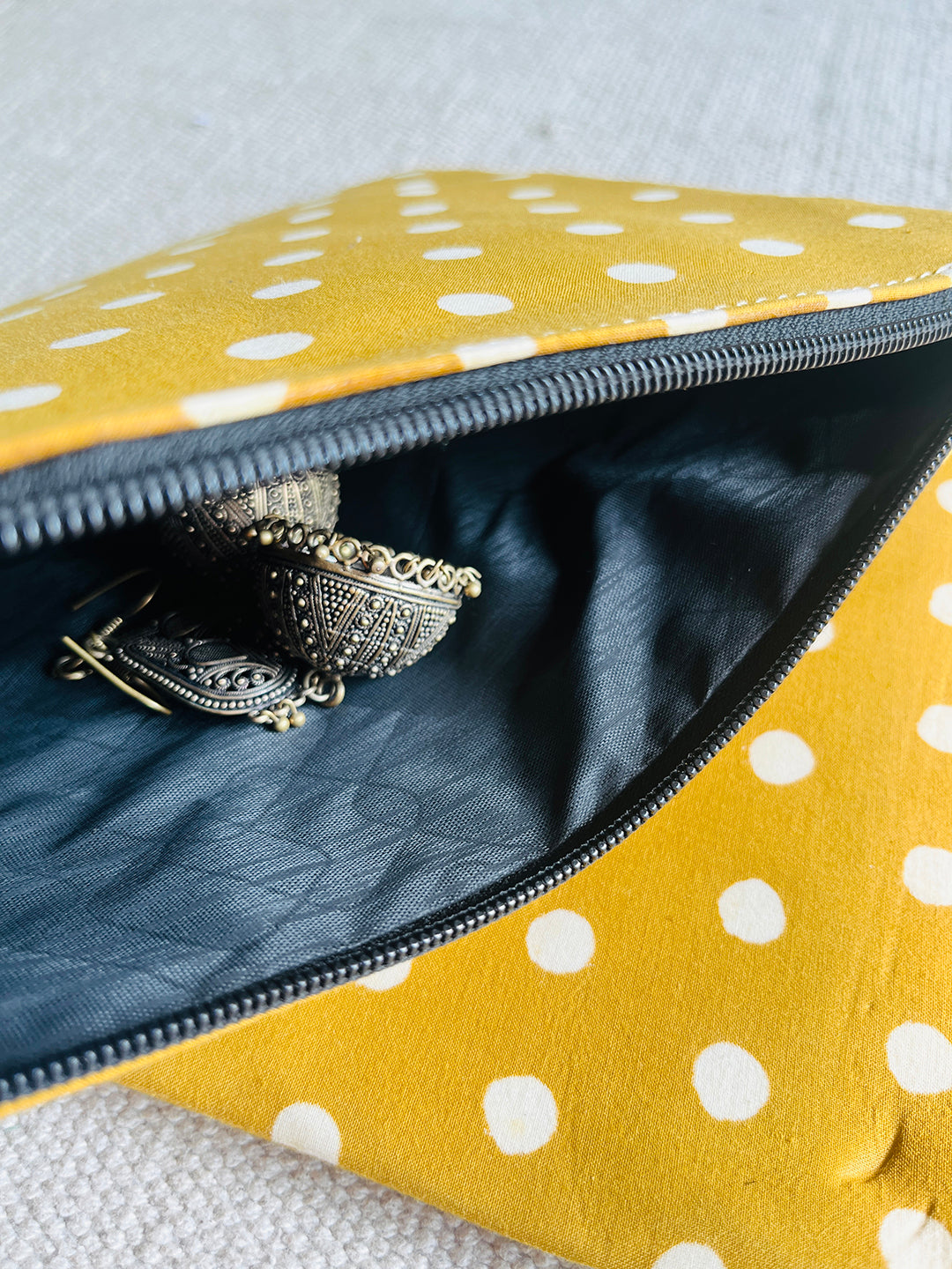 "CARRY YOUR ESSENTIALS" POUCH BLOCK PRINTED POLKAS (SET OF 3)- MUSTARD