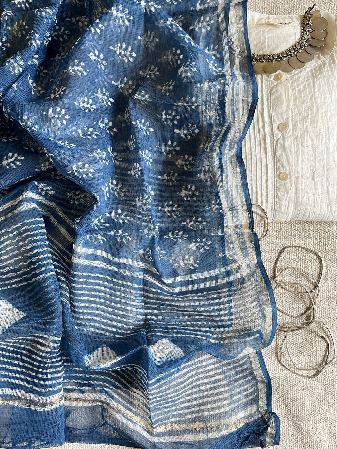 "LIVE LIFE IN FULL BLOOM" INDIGO KOTA DORIA DUPATTA