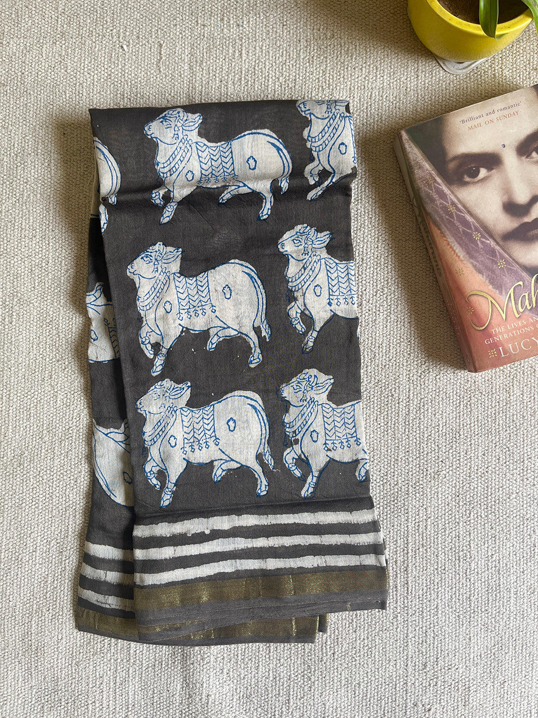"PICHWAI COWS" SLATE-GRAY CHANDERI DUPATTA
