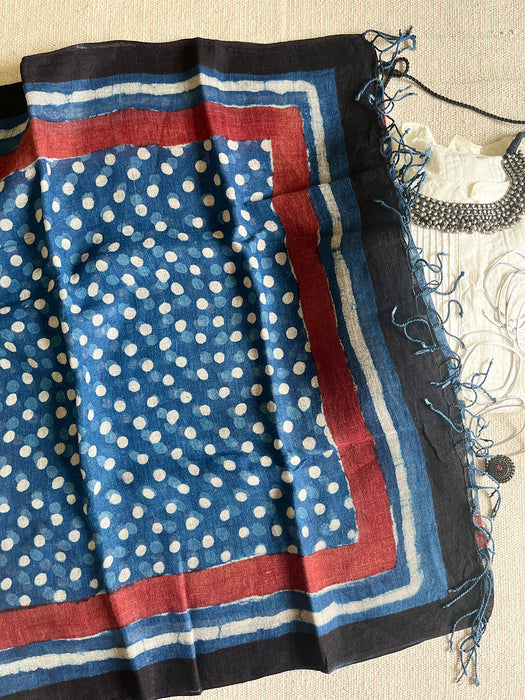 "AN INDIGO STORY" POLKAS HAND BLOCK PRINTED LINEN DUPATTA