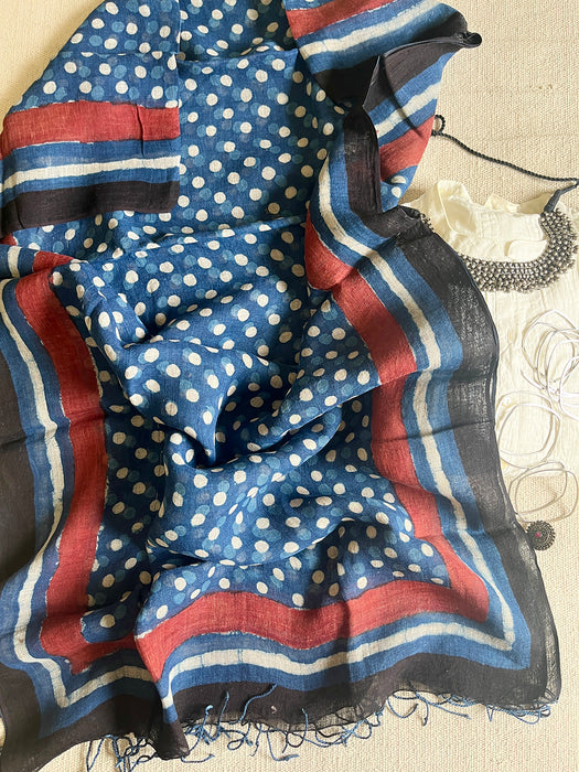 "AN INDIGO STORY" POLKAS HAND BLOCK PRINTED LINEN DUPATTA