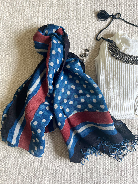 "AN INDIGO STORY" POLKAS HAND BLOCK PRINTED LINEN DUPATTA