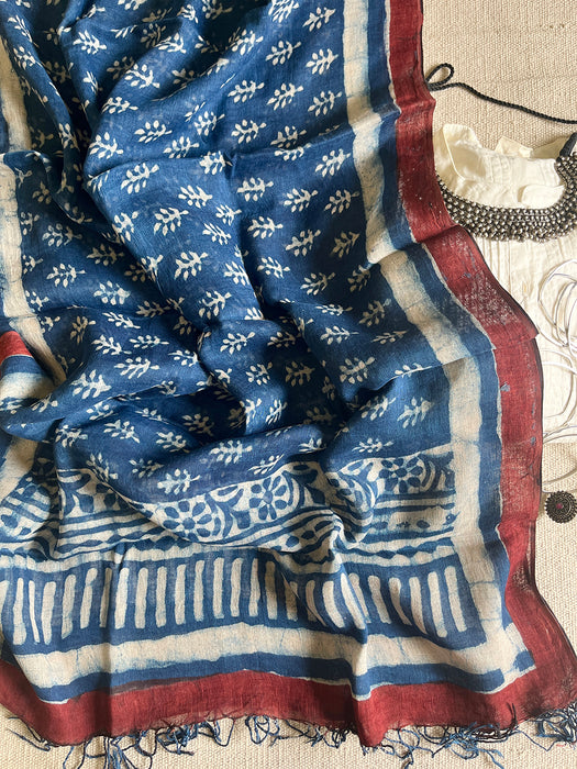 "AN INDIGO STORY" LEAF IMPRESSIONS LINEN DUPATTA