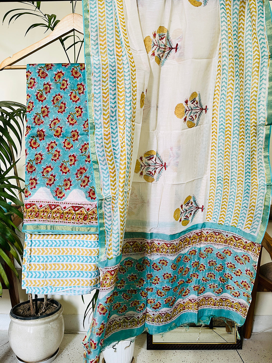 BLOCK PRINTED ALLOVER BOOTIES CHANDERI UNSTITCHED SUIT- TURQUOISE