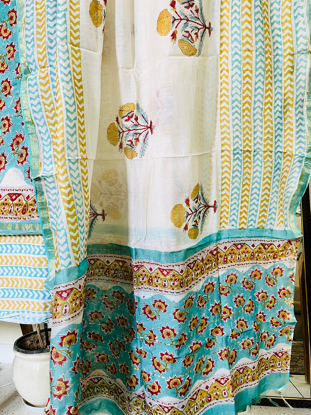 BLOCK PRINTED ALLOVER BOOTIES CHANDERI UNSTITCHED SUIT- TURQUOISE