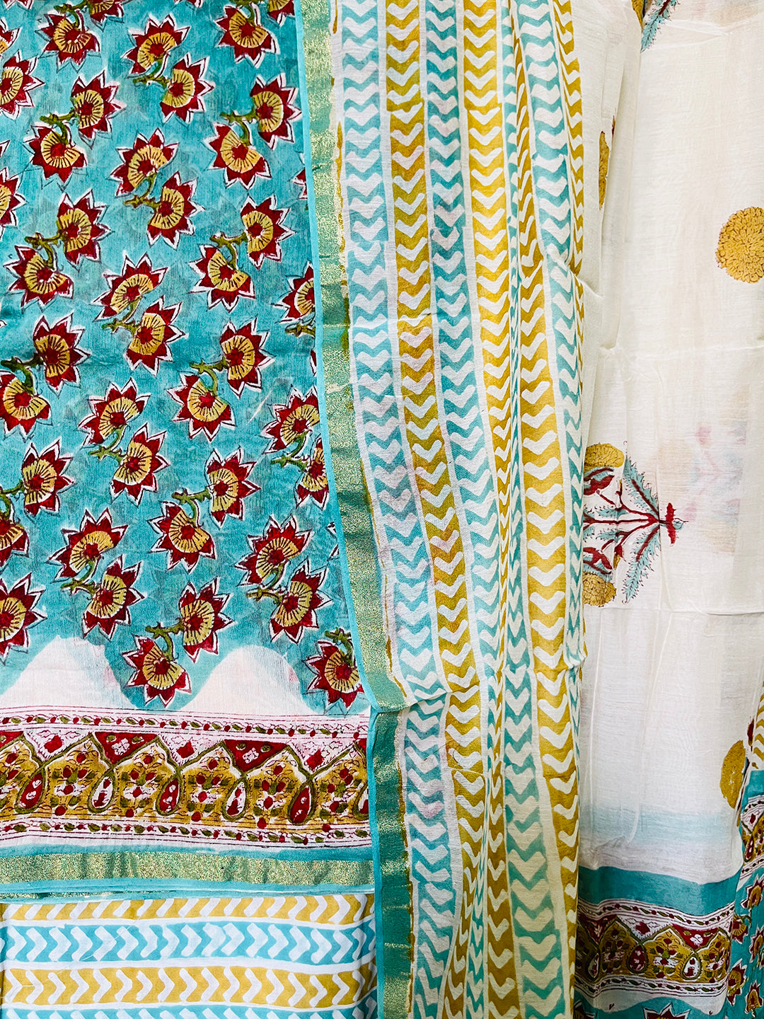 BLOCK PRINTED ALLOVER BOOTIES CHANDERI UNSTITCHED SUIT- TURQUOISE