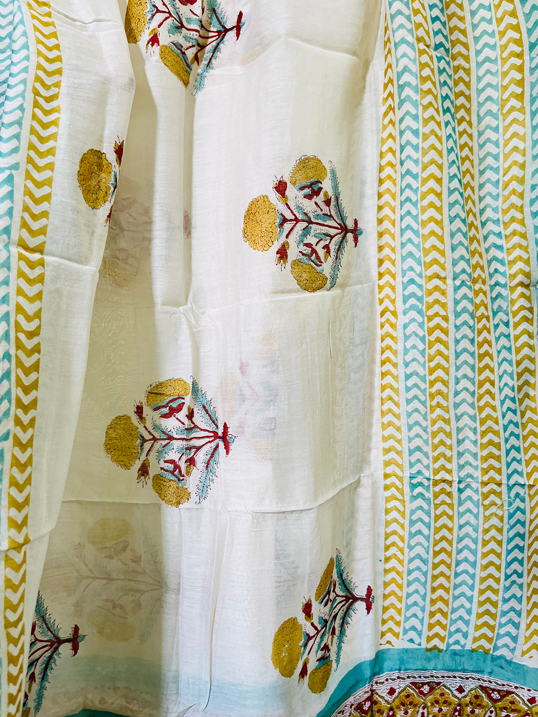 BLOCK PRINTED ALLOVER BOOTIES CHANDERI UNSTITCHED SUIT- TURQUOISE