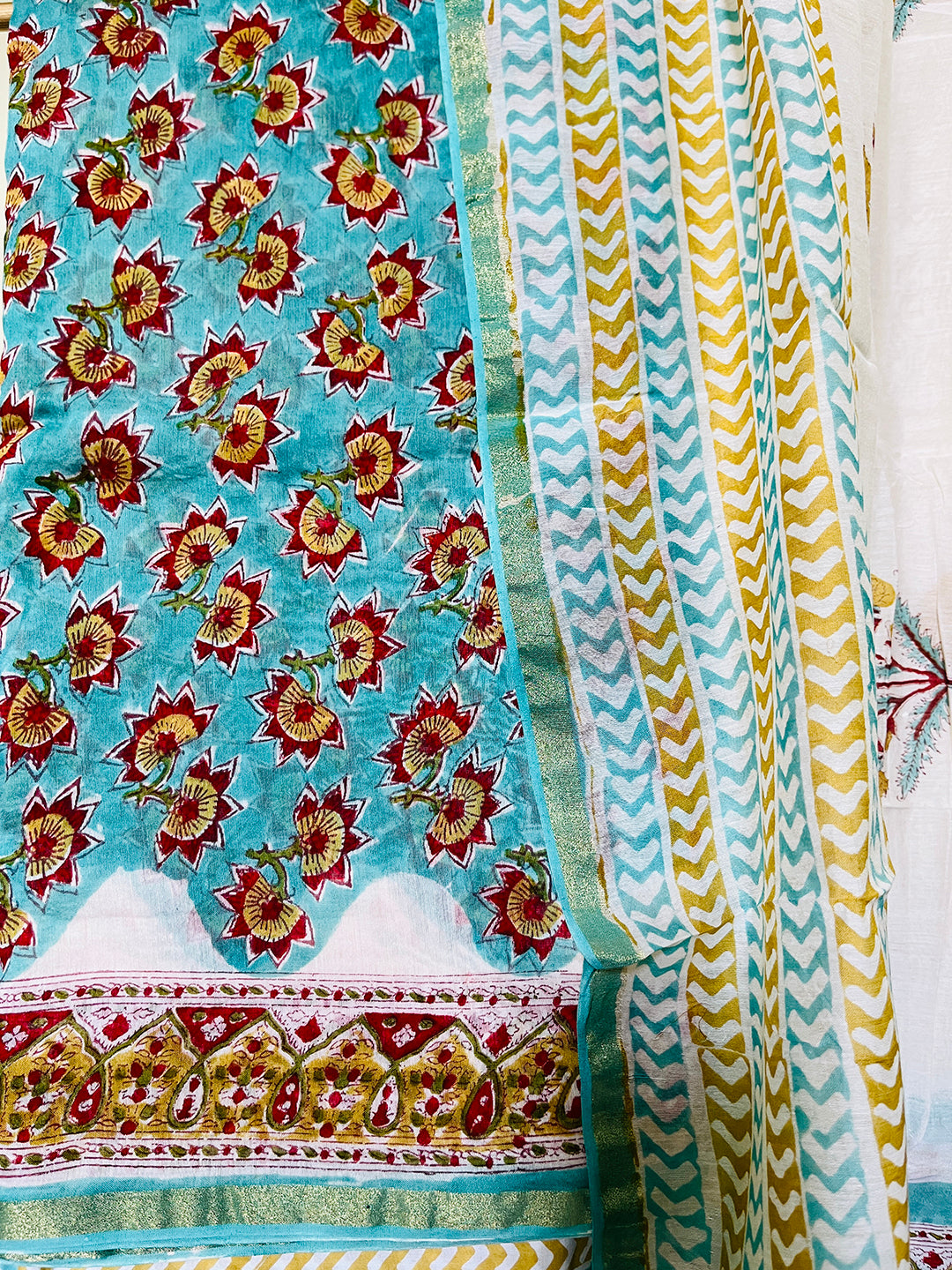BLOCK PRINTED ALLOVER BOOTIES CHANDERI UNSTITCHED SUIT- TURQUOISE