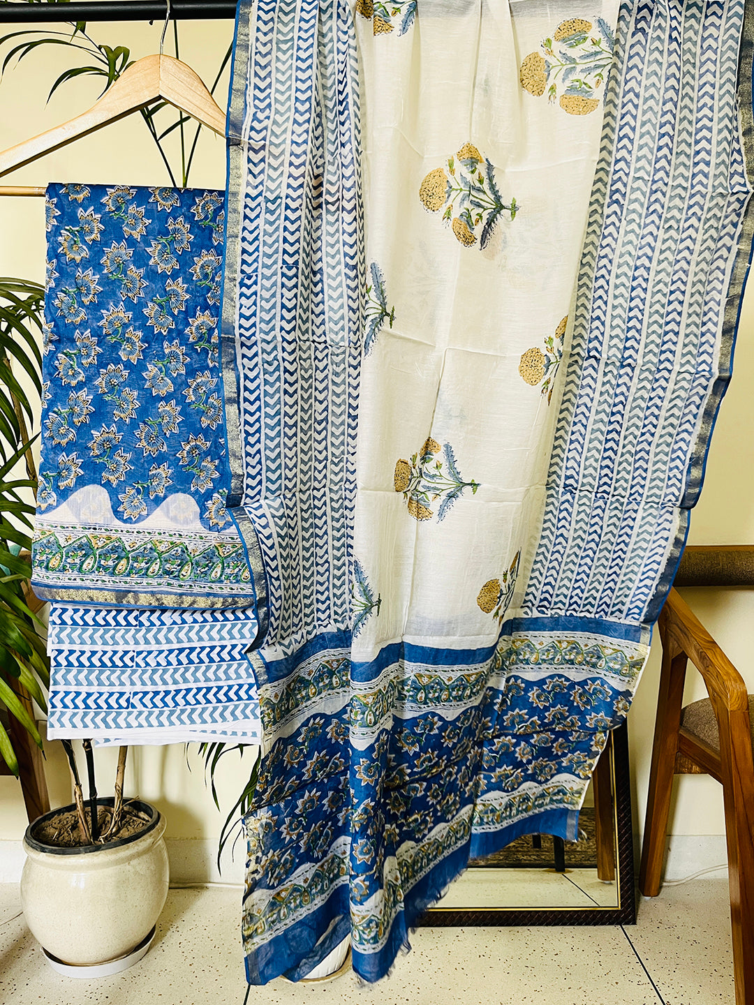 BLOCK PRINTED ALLOVER BOOTIES CHANDERI UNSTITCHED SUIT- COBALT BLUE