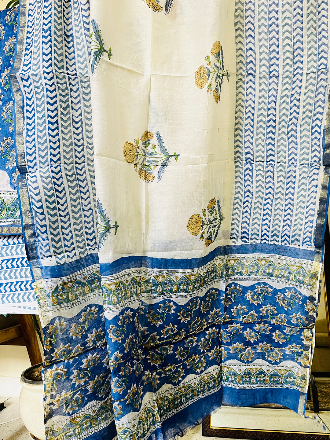 BLOCK PRINTED ALLOVER BOOTIES CHANDERI UNSTITCHED SUIT- COBALT BLUE