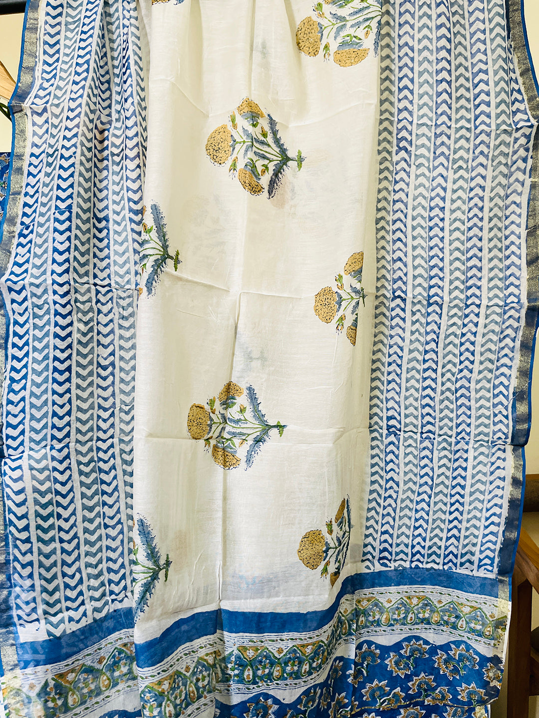 BLOCK PRINTED ALLOVER BOOTIES CHANDERI UNSTITCHED SUIT- COBALT BLUE