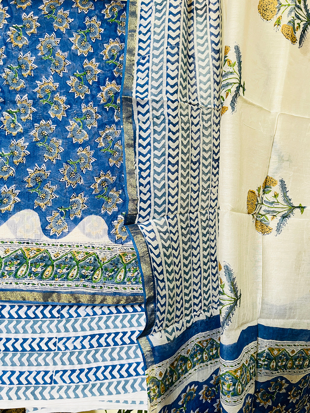 BLOCK PRINTED ALLOVER BOOTIES CHANDERI UNSTITCHED SUIT- COBALT BLUE