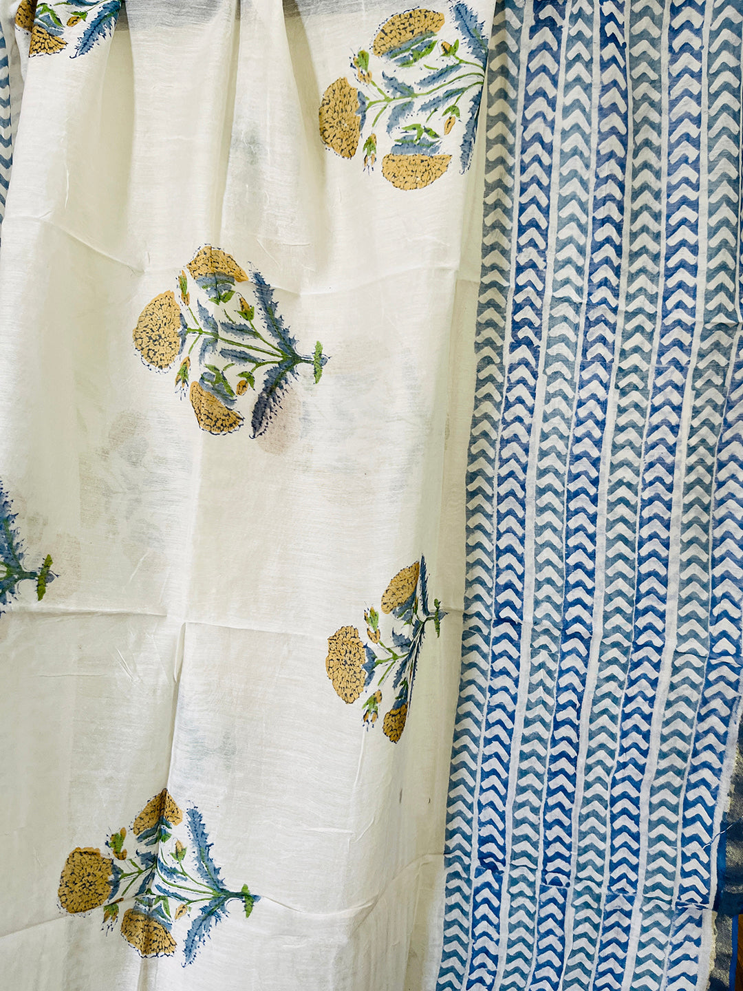 BLOCK PRINTED ALLOVER BOOTIES CHANDERI UNSTITCHED SUIT- COBALT BLUE