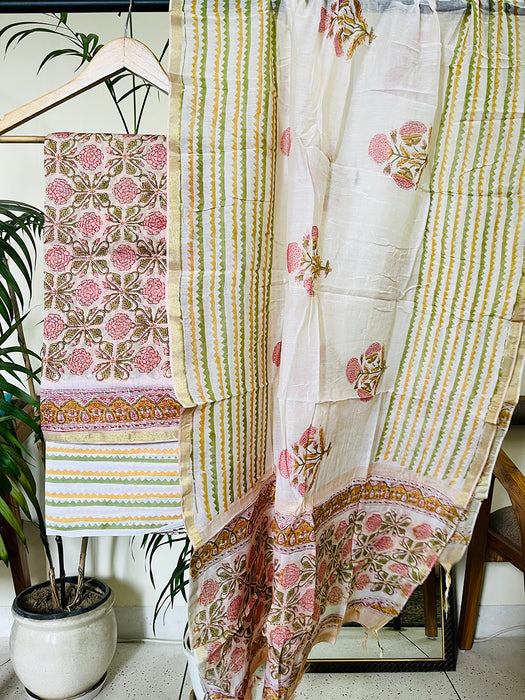 BLOCK PRINTED PEACH INLAY FLORAL CHANDERI UNSTITCHED SUIT