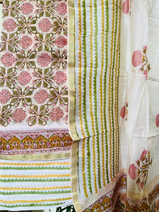 BLOCK PRINTED PEACH INLAY FLORAL CHANDERI UNSTITCHED SUIT