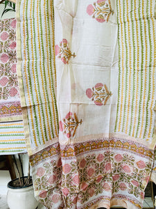 BLOCK PRINTED PEACH INLAY FLORAL CHANDERI UNSTITCHED SUIT