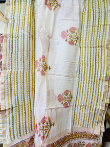 BLOCK PRINTED PEACH INLAY FLORAL CHANDERI UNSTITCHED SUIT