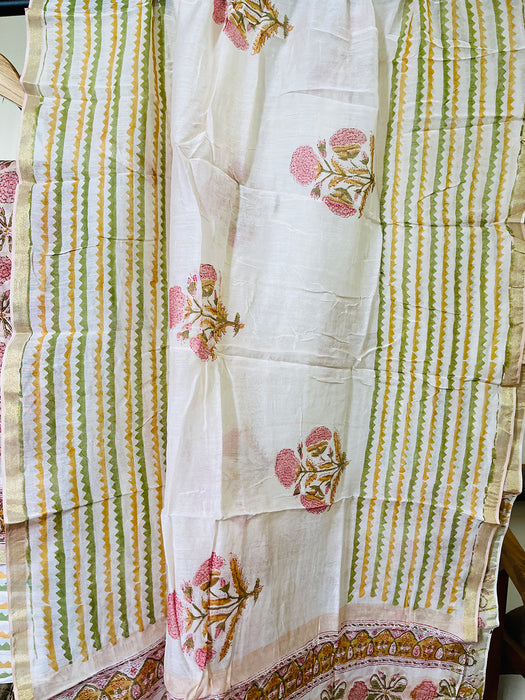 BLOCK PRINTED PEACH INLAY FLORAL CHANDERI UNSTITCHED SUIT