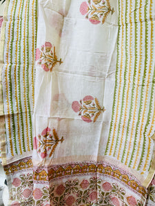 BLOCK PRINTED PEACH INLAY FLORAL CHANDERI UNSTITCHED SUIT
