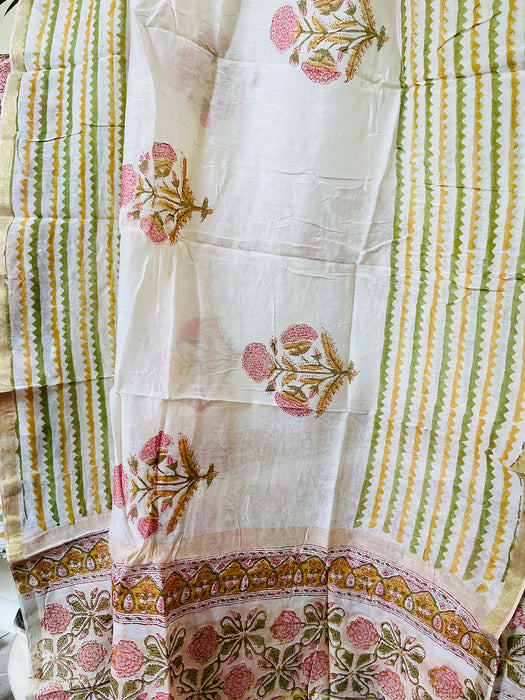 BLOCK PRINTED PEACH INLAY FLORAL CHANDERI UNSTITCHED SUIT