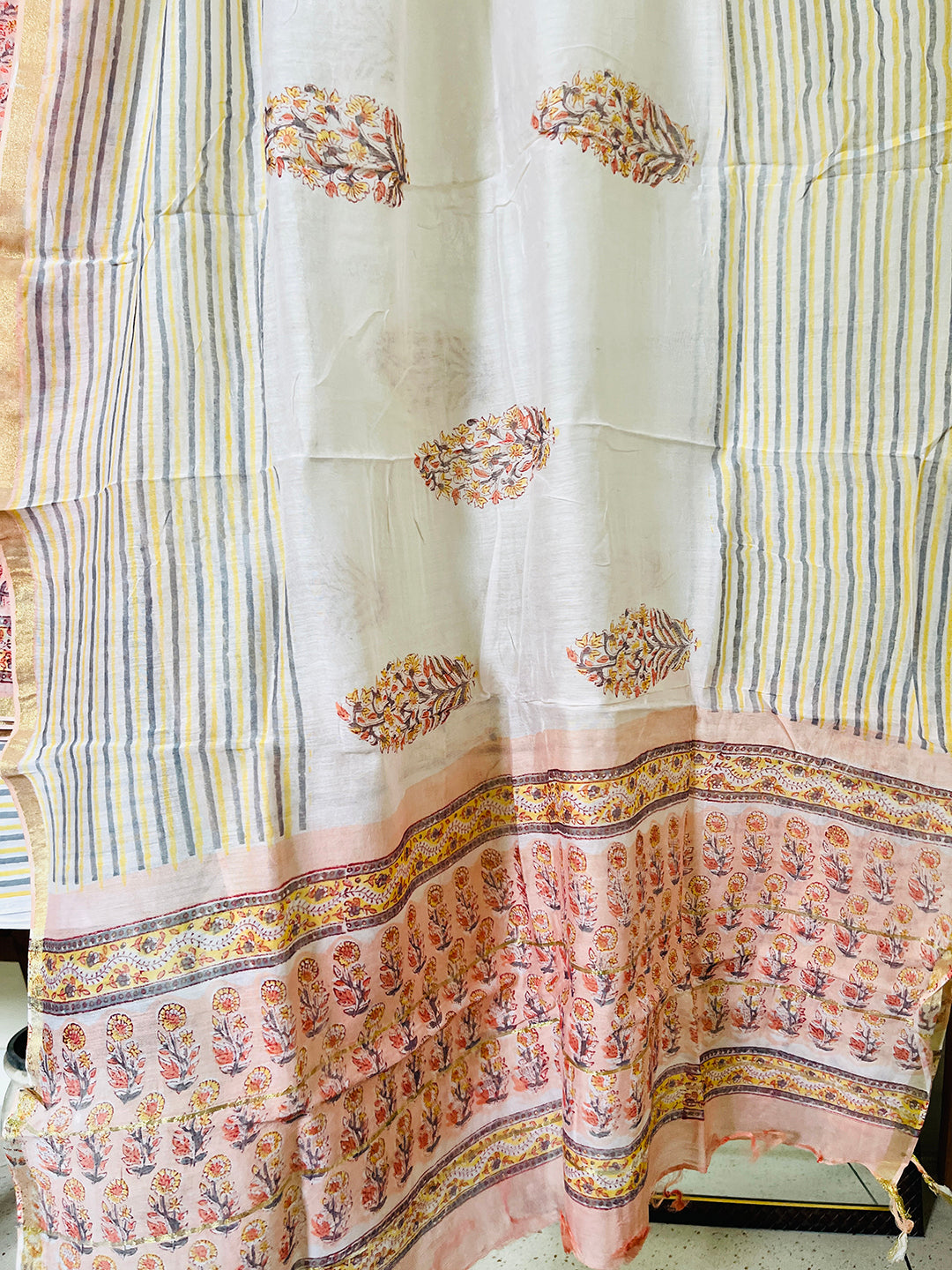 BLOCK PRINTED FLORAL BOOTIES CHANDERI UNSTITCHED SUIT- SALMON PINK