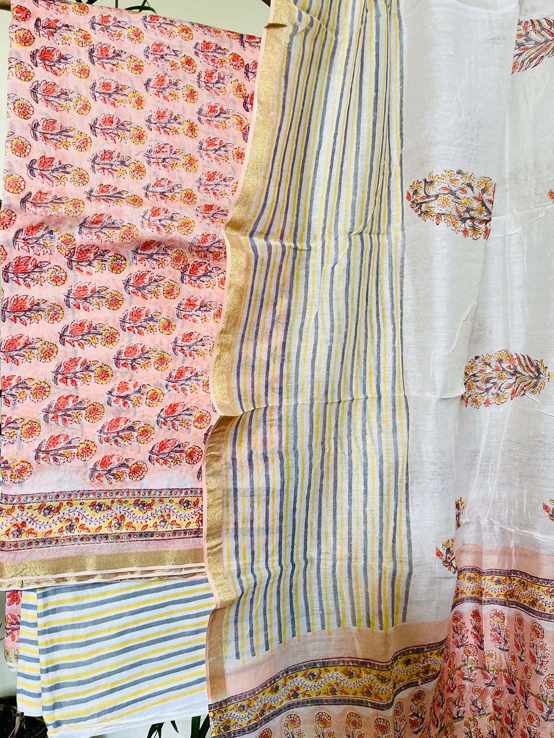 BLOCK PRINTED FLORAL BOOTIES CHANDERI UNSTITCHED SUIT- SALMON PINK