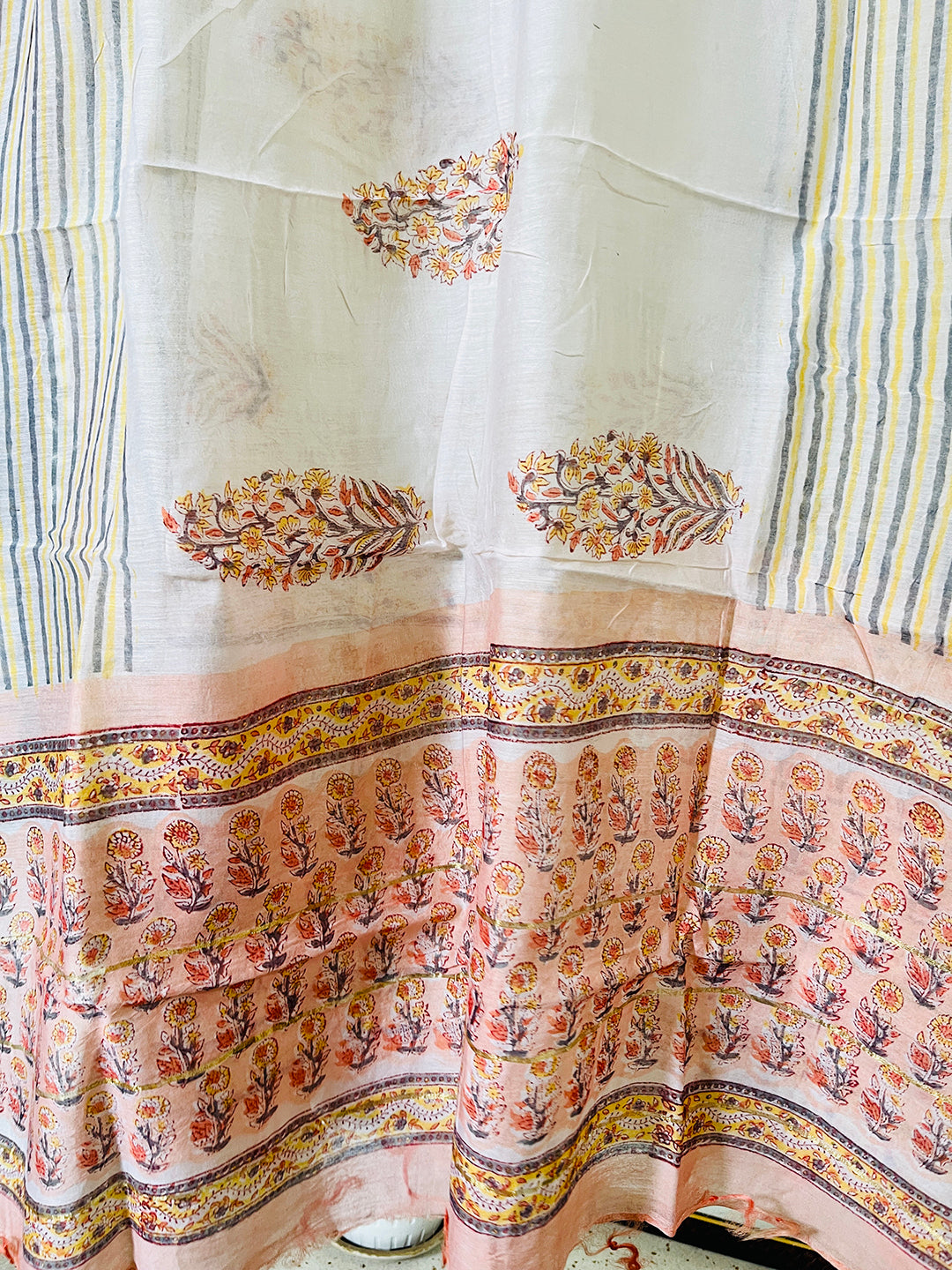 BLOCK PRINTED FLORAL BOOTIES CHANDERI UNSTITCHED SUIT- SALMON PINK