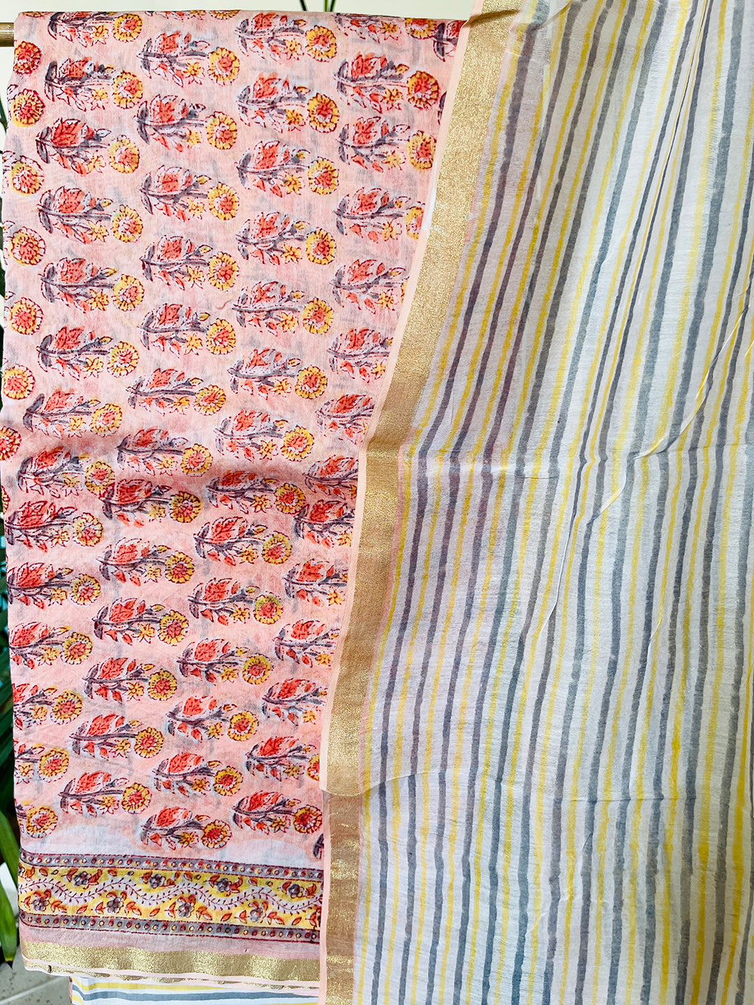 BLOCK PRINTED FLORAL BOOTIES CHANDERI UNSTITCHED SUIT- SALMON PINK