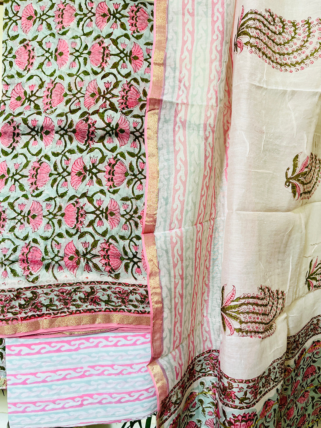 BLOCK PRINTED FLORAL JAAL CHANDERI UNSTITCHED SUIT- MINT & PINK