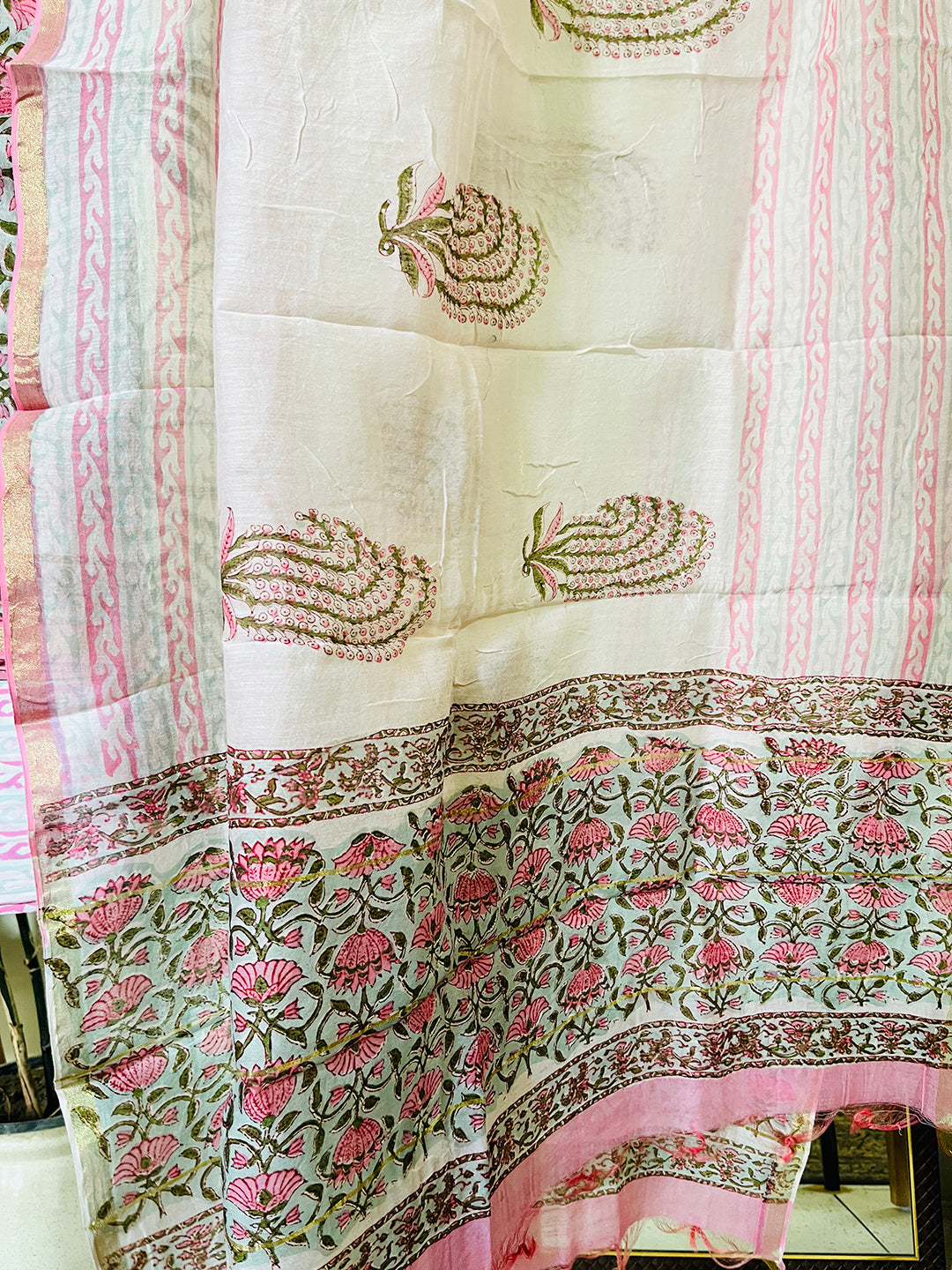 BLOCK PRINTED FLORAL JAAL CHANDERI UNSTITCHED SUIT- MINT & PINK
