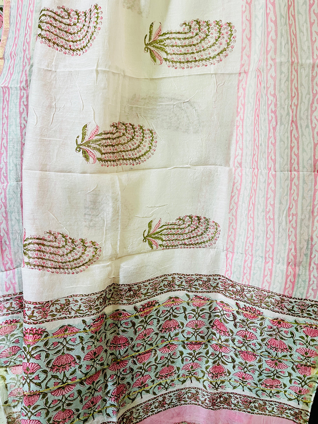 BLOCK PRINTED FLORAL JAAL CHANDERI UNSTITCHED SUIT- MINT & PINK