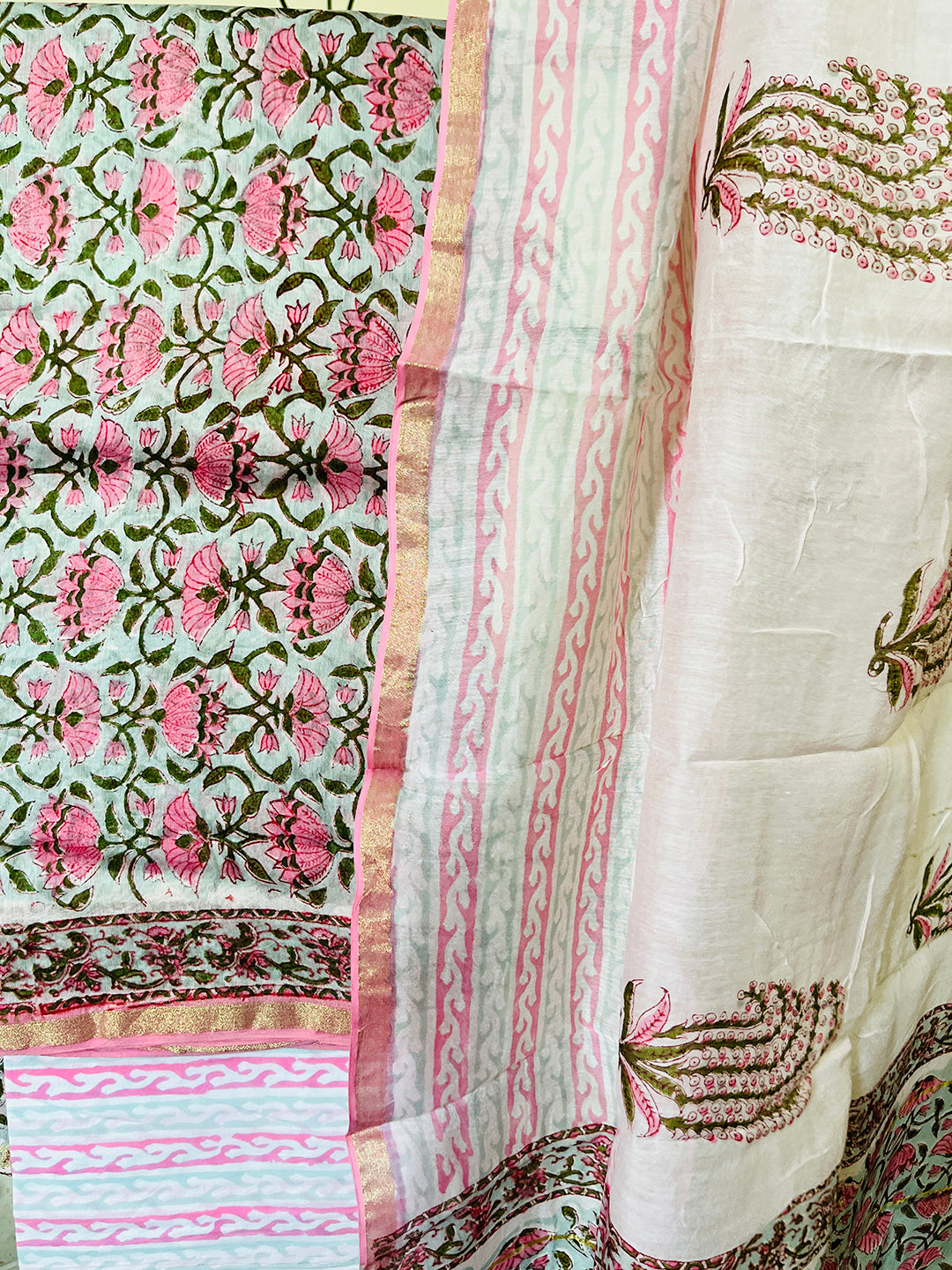 BLOCK PRINTED FLORAL JAAL CHANDERI UNSTITCHED SUIT- MINT & PINK