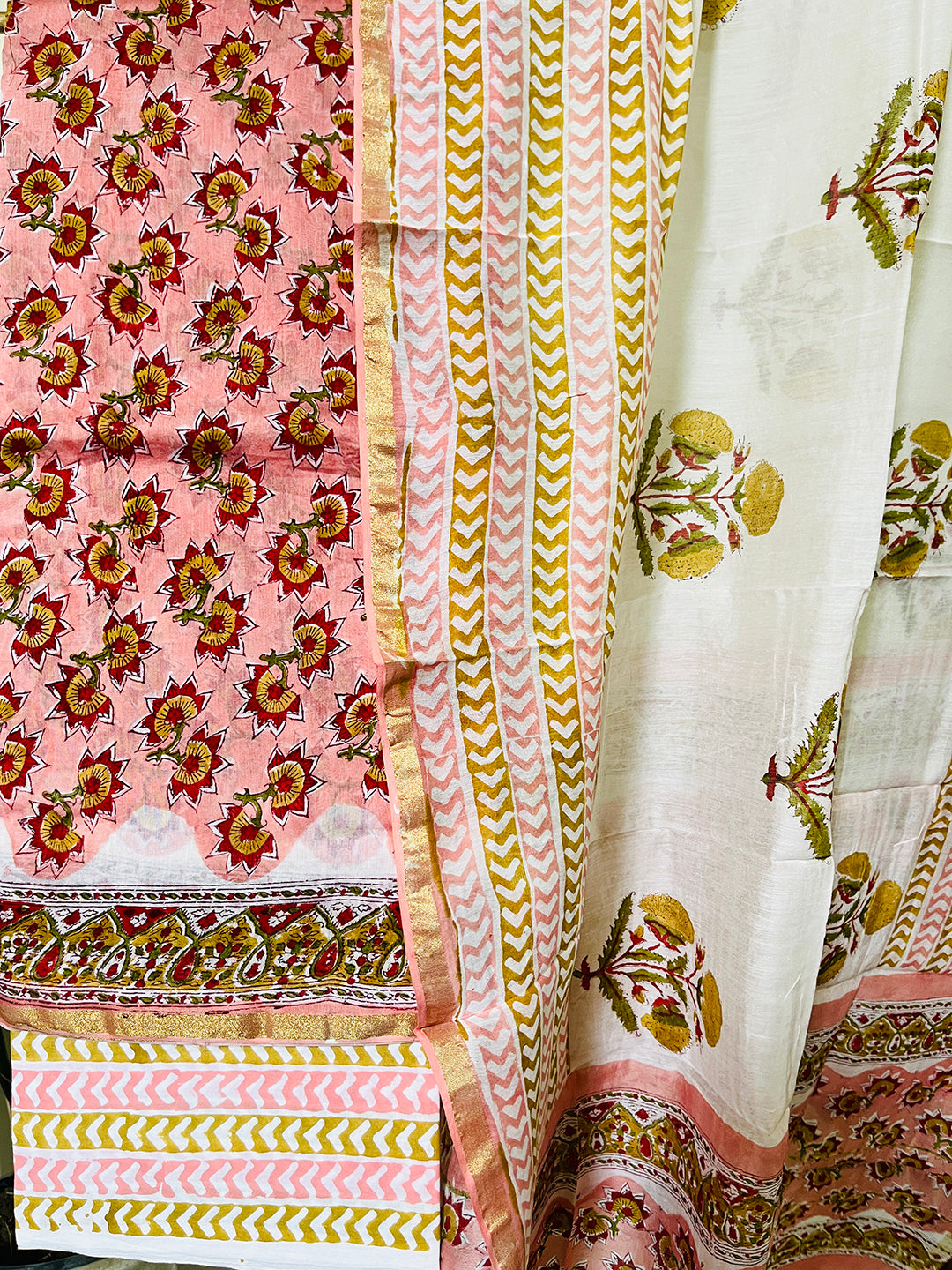 BLOCK PRINTED FLORAL BOOTIES CHANDERI UNSTITCHED SUIT- BLUSH PINK