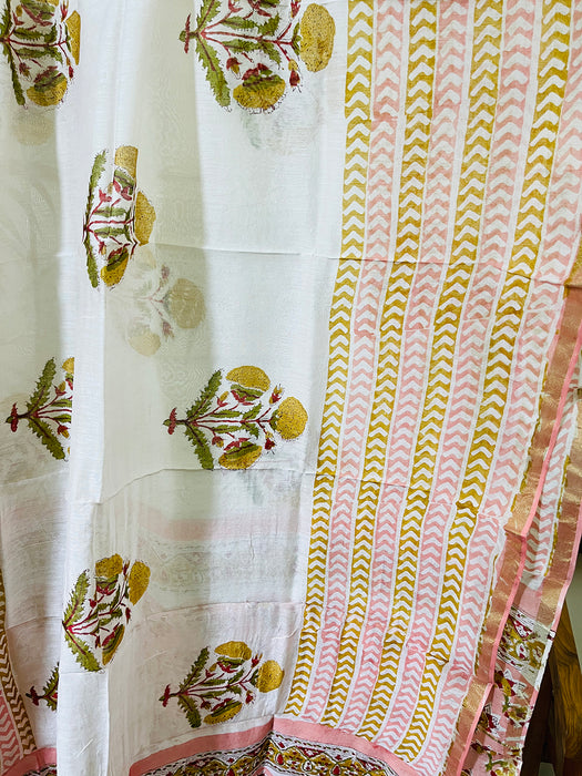 BLOCK PRINTED FLORAL BOOTIES CHANDERI UNSTITCHED SUIT- BLUSH PINK