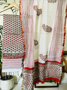 BLOCK PRINTED DITSY BOOTIES CHANDERI UNSTITCHED SUIT- ASH & RED