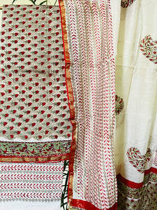 BLOCK PRINTED DITSY BOOTIES CHANDERI UNSTITCHED SUIT- ASH & RED