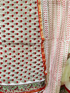 BLOCK PRINTED DITSY BOOTIES CHANDERI UNSTITCHED SUIT- ASH & RED