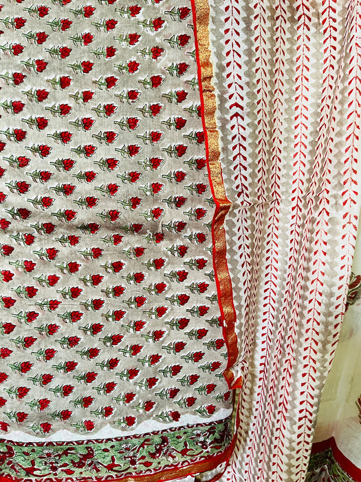 BLOCK PRINTED DITSY BOOTIES CHANDERI UNSTITCHED SUIT- ASH & RED