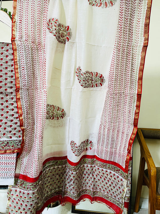 BLOCK PRINTED DITSY BOOTIES CHANDERI UNSTITCHED SUIT- ASH & RED