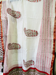 BLOCK PRINTED DITSY BOOTIES CHANDERI UNSTITCHED SUIT- ASH & RED