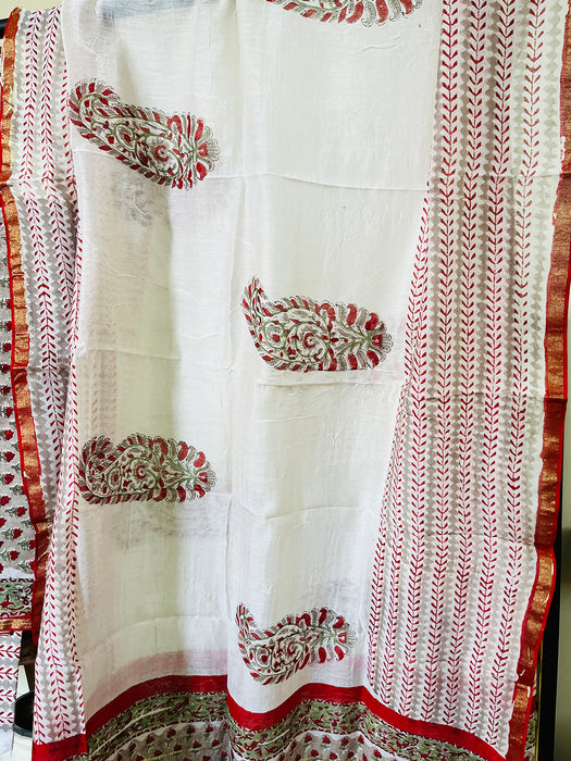BLOCK PRINTED DITSY BOOTIES CHANDERI UNSTITCHED SUIT- ASH & RED